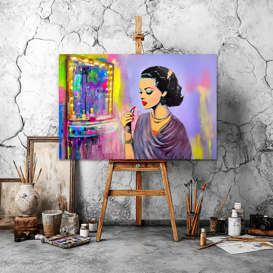 colorful painting of a woman on an easel applying lipstick in front of a vanity mirror on the wall, purple chairs, and a white table.Hollywood Vintage Starlet-Graphique Addictions.