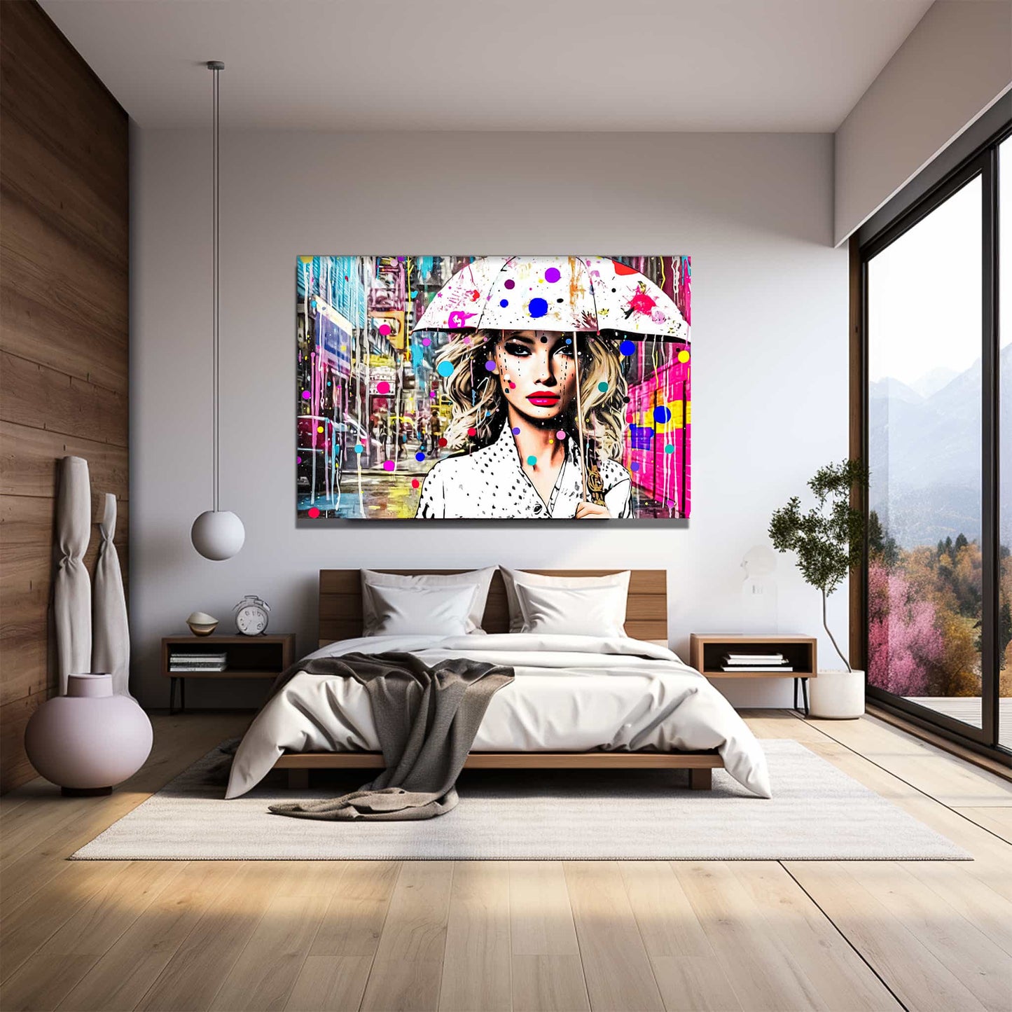Bedroom Wall Decor of woman holding a white umbrella with colorful dotted paint splatters. Vivid Vogue Rainfall, Graphique Addictions.