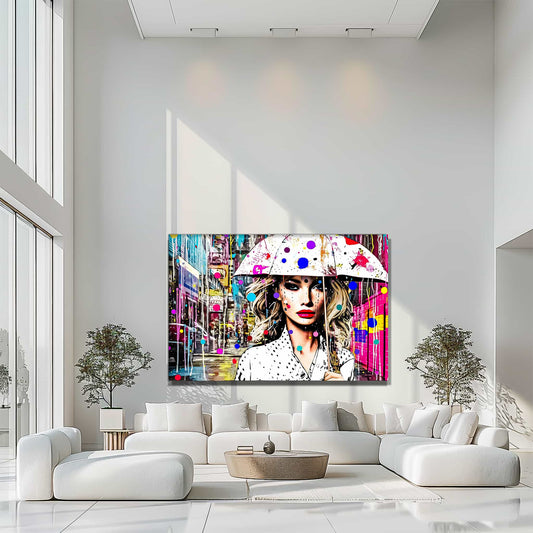 Living Room Wall Decor of woman holding a white umbrella with colorful dotted paint splatters. Vivid Vogue Rainfall, Graphique Addictions.