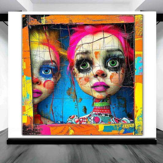 Two porcelain dolls gazing from a vibrant wooden window, art gallery display. Abstract Dollhouse-Graphique Addictions art.