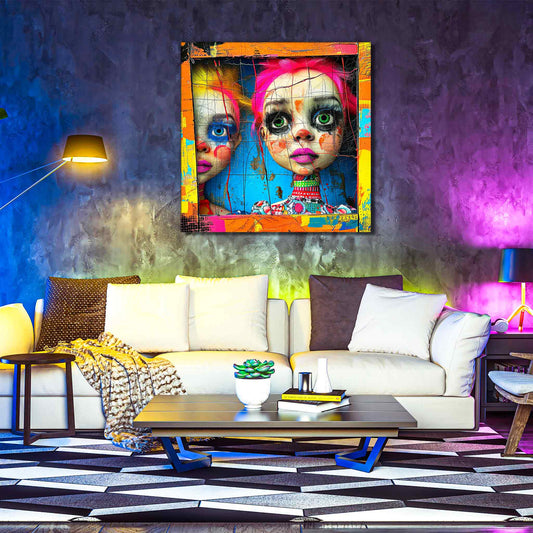 Two porcelain dolls gazing from a vibrant wooden window, living room wall decor. Abstract Dollhouse-Graphique Addictions art print.