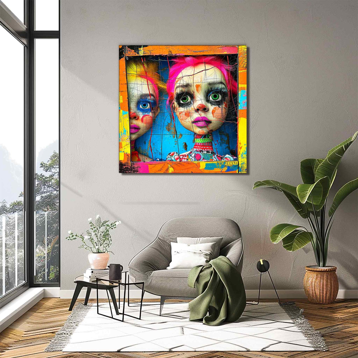 Two porcelain dolls gazing from a vibrant wooden window, loft wall decor. Abstract Dollhouse-Graphique Addictions art print.