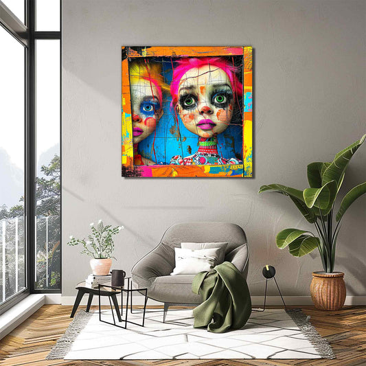 Two porcelain dolls gazing from a vibrant wooden window, loft wall decor. Abstract Dollhouse-Graphique Addictions art print.