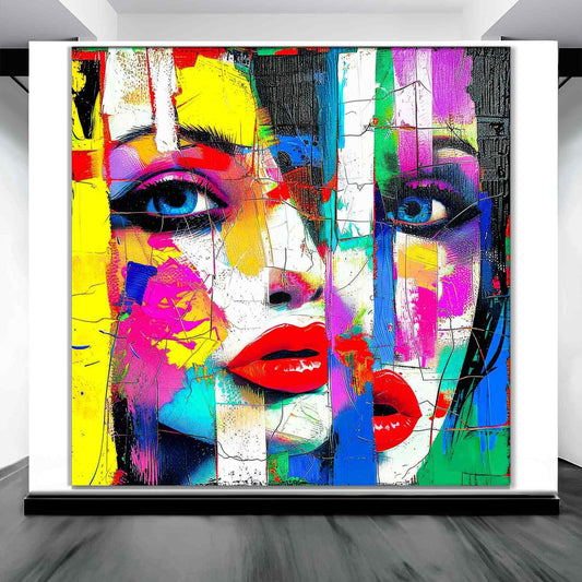 Art gallery display of woman's face composed of geometric shapes in vibrant colors, aluminum print. Abstract-Femme, Graphique Addictions.