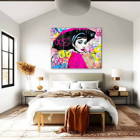 Bedroom mockup of colorful graffiti pop art portrait of Audrey Hepburn holding an umbrella. Graffiti Drizzle, Graphique Addictions.