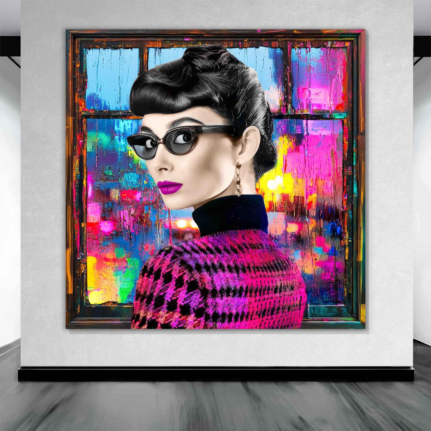 Audrey Hepburn wearing sunglasses and a houndstooth sweater against a window with psychedelic abstract reflections and bold colors, art display. Audrey's Cyber Reflections-Graphique Addictions.