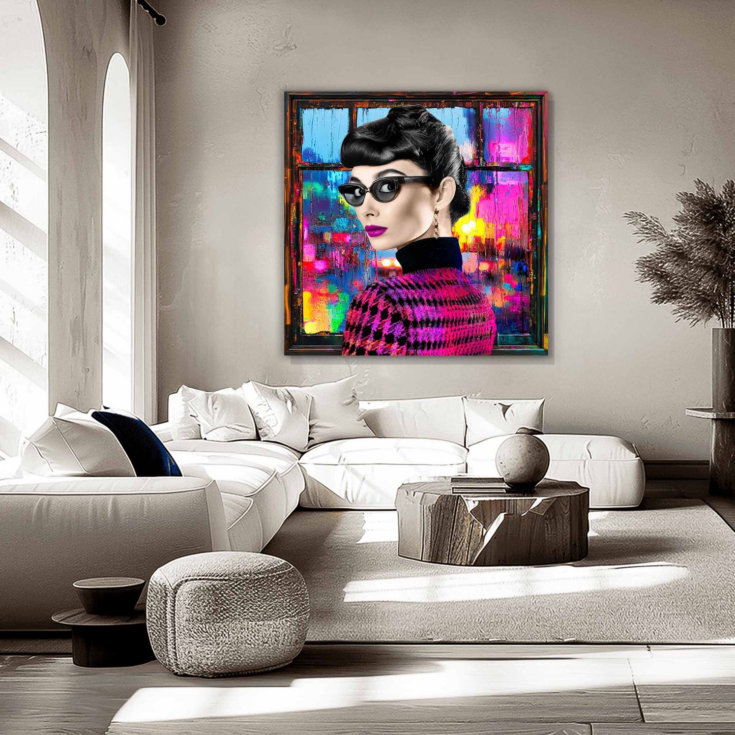 Audrey Hepburn wearing sunglasses and a houndstooth sweater against a window with psychedelic abstract reflections and bold colors, living room wall decor. Audrey's Cyber Reflections-Graphique Addictions.