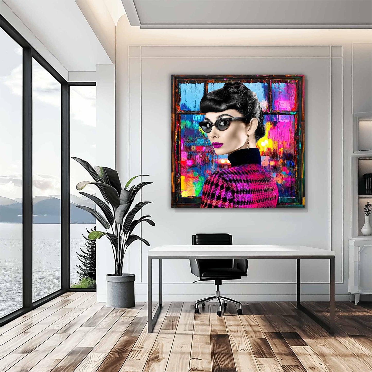 Audrey Hepburn wearing sunglasses and a houndstooth sweater against a window with psychedelic abstract reflections and bold colors, office wall decor. Audrey's Cyber Reflections-Graphique Addictions.