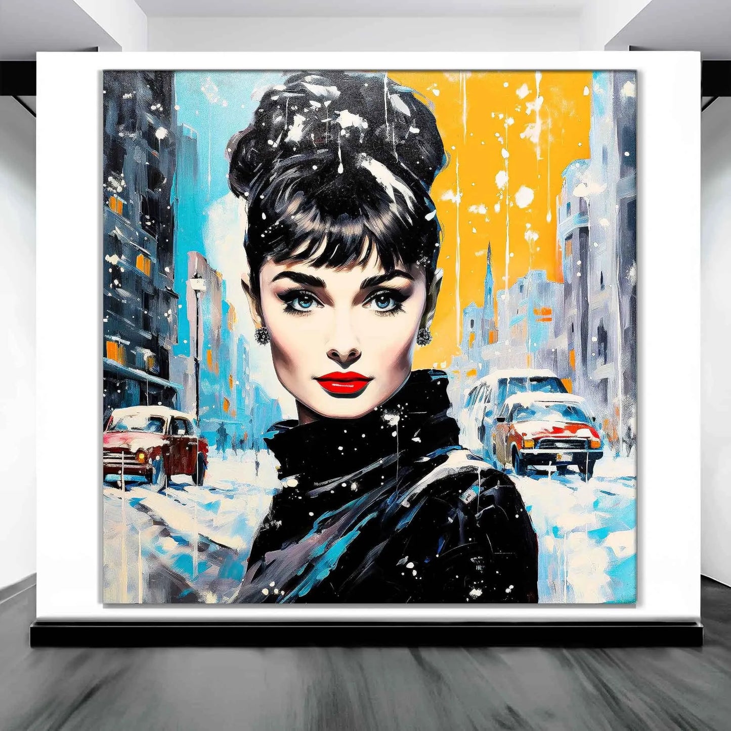 Frosty Elegance: Art studio mockup portrait of Audrey Hepburn standing on a snowy city street with vintage cars-Graphique Addictions.