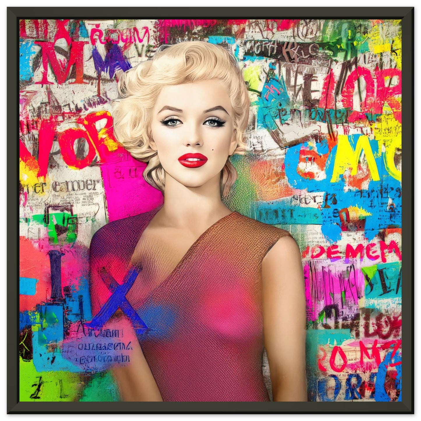 black metal framed print of colorful artwork of marilyn monroe wearing a pink dress with graffiti-style letters. Marilyns Letter Chaos-Graphique Addictions.