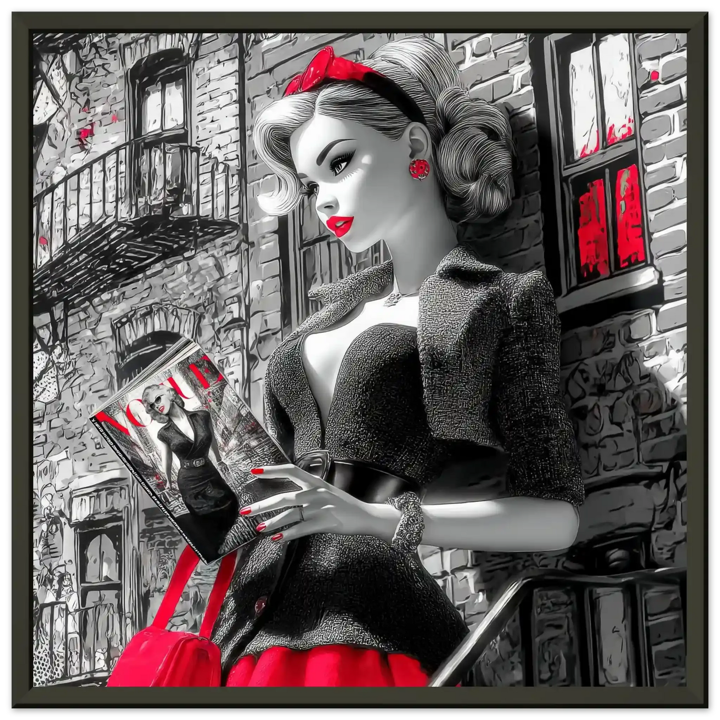 Black and white art of a fashion doll wearing a red skirt and black blazer, on a NYC street corner holding a magazine-black-12x12-inches-metal-framed-print-nyc-noir-doll, Graphique Addictions