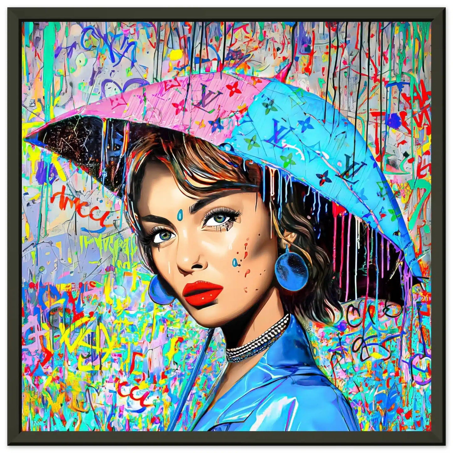 Black metal framed print of Audrey Hepburn holding an umbrella decorated with graffiti and Louis Vuitton-inspired monogram and a backdrop with patterns of graffiti and dripping paint. Painted Rainfall-Graphique Addictions.