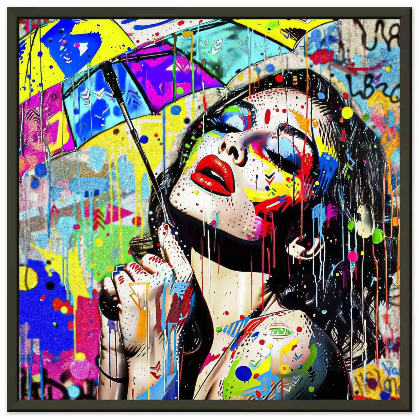 beautiful woman holding an umbrella against a vibrant storm of colorful paint splashes. Black Metal Framed Print-Painted Rainstorm Glam-Graphique Addictions