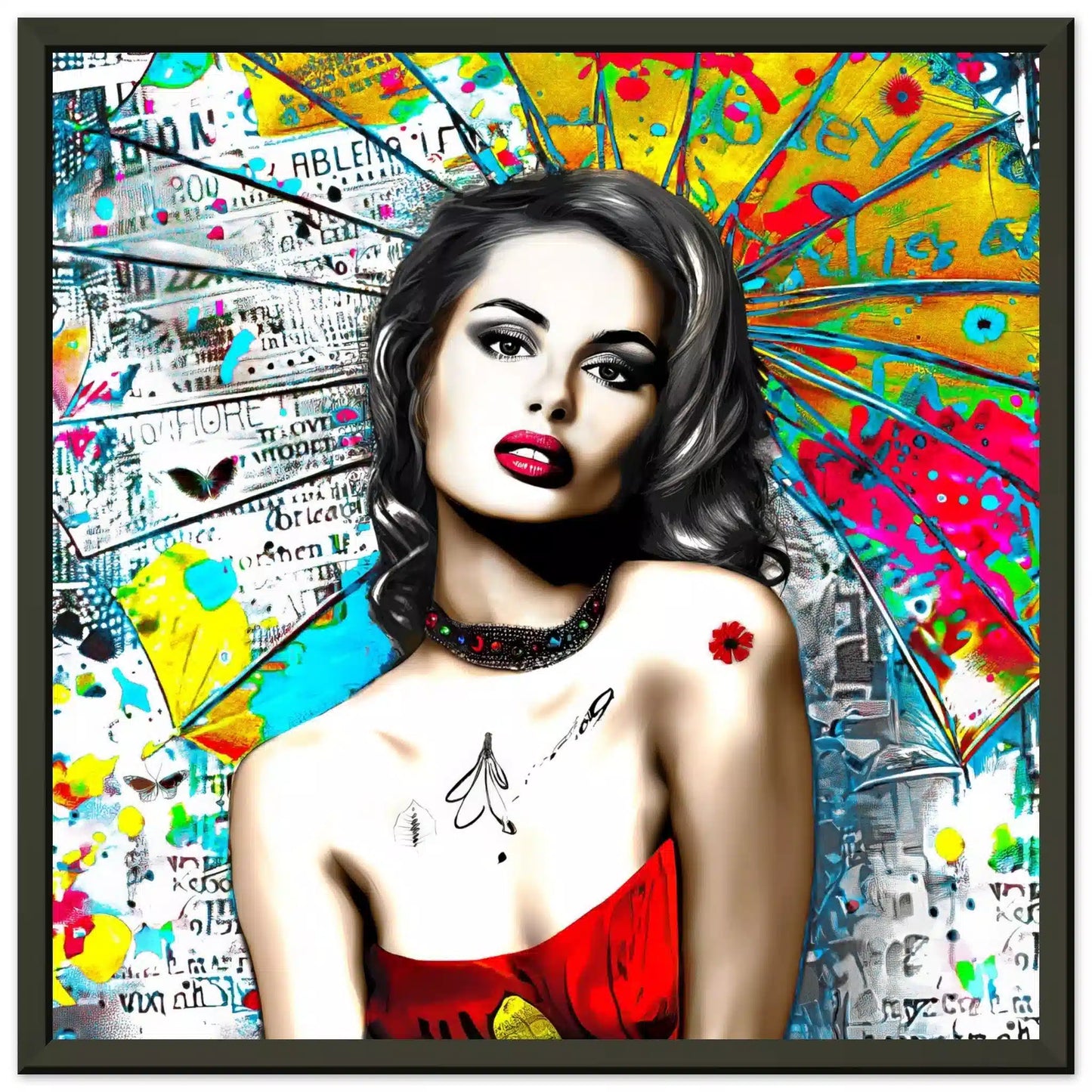 Black Metal frame of woman against vibrant graffiti ink and vibrant colors. Umbrella Ink Pop-Graphique Addictions.