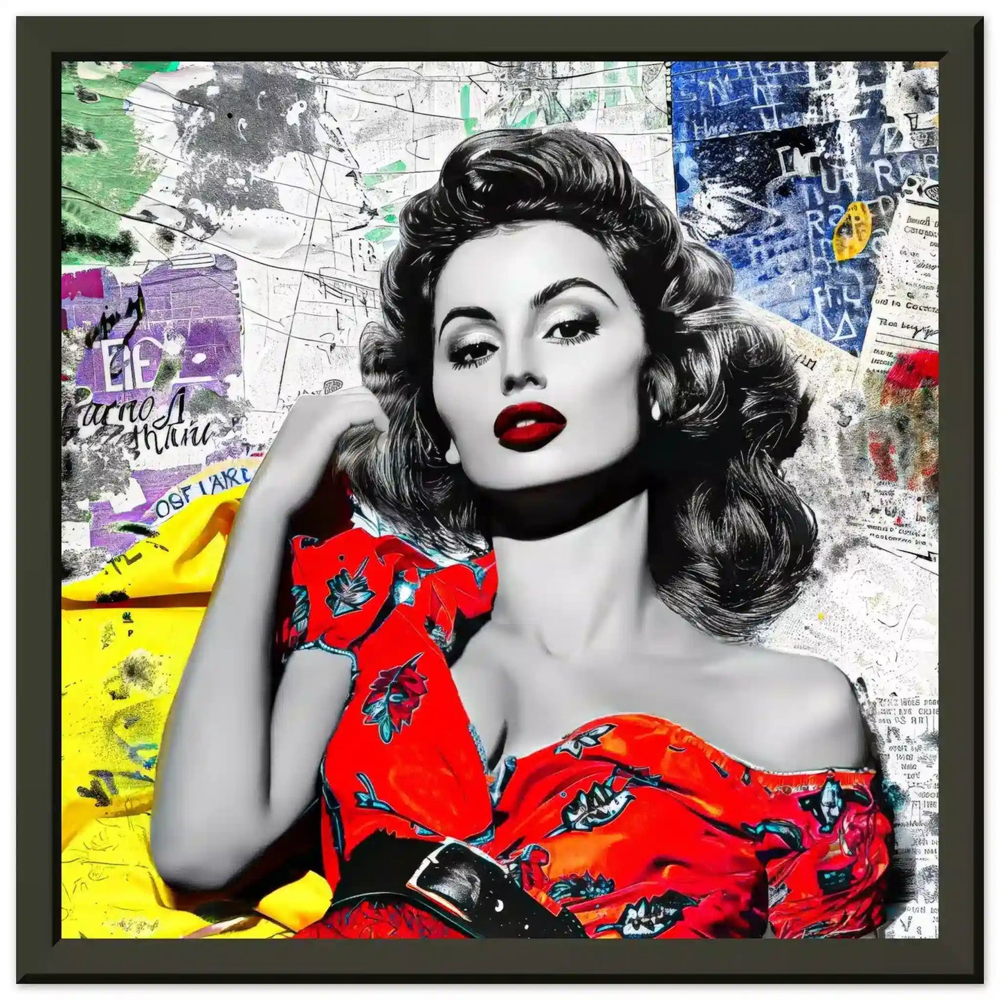 Sophia Lauren in red dress surrounded by colorful newspaper clippings and maps. Black Metal Framed Print-Vintage Starlet-Graphique Addictions