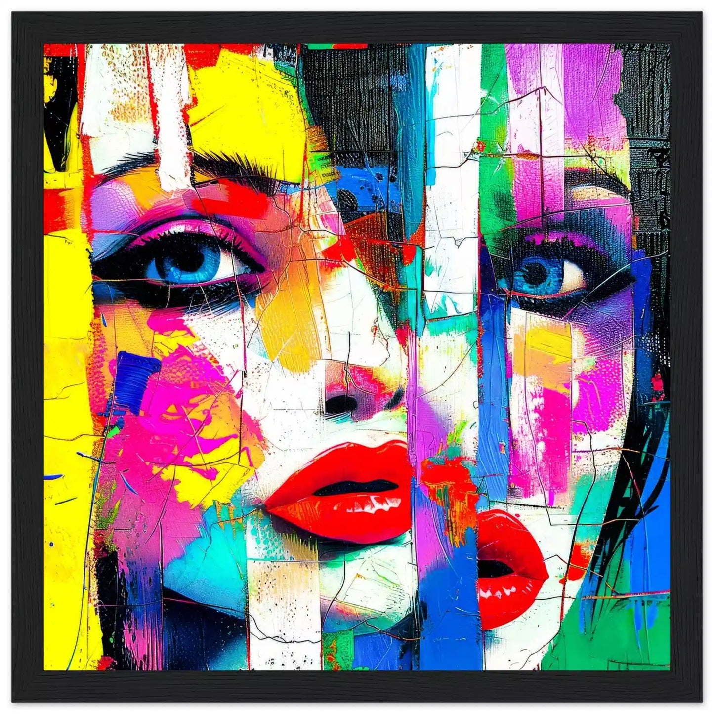 Black wooden framed print of woman's face composed of geometric shapes in vibrant colors, aluminum print. Abstract-Femme, Graphique Addictions.