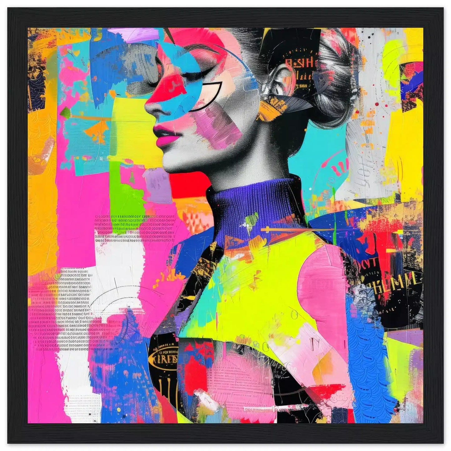 Abstract Radiance: Art collage of neon colored geometric shapes and a woman wearing a colorful abstract turtleneck in a black wooden frame-Graphique Addictions.