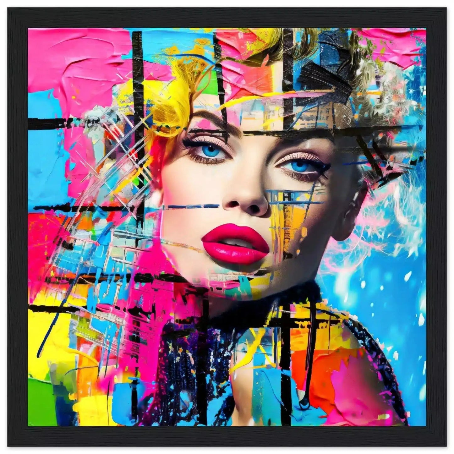 Chroma Blended Fusion: Abstract portrait of a woman surrounded by neon geometric shapes and glitch effects in a black wooden frame-Graphique Addictions.