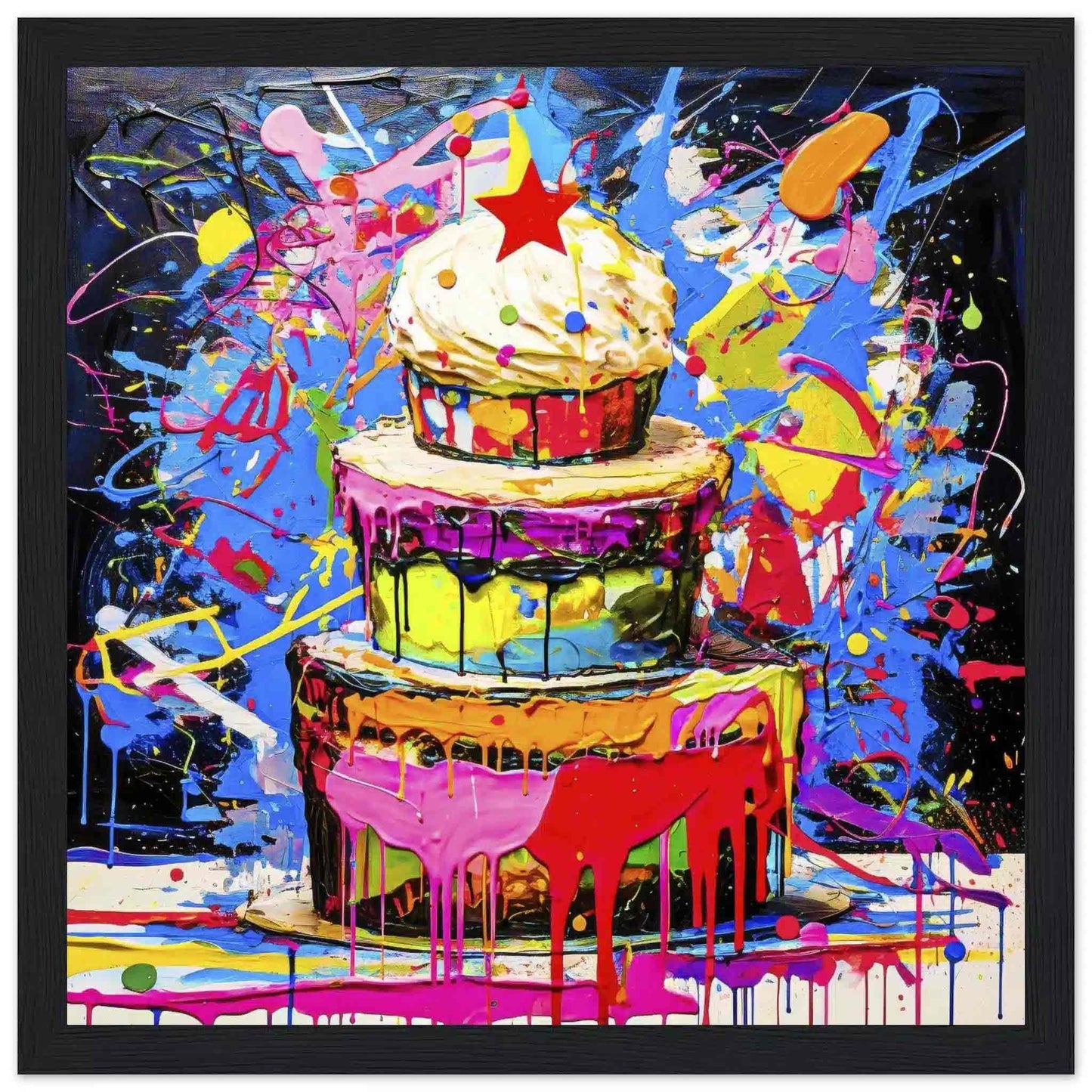 Chromatic Cake Confection: Multi-tiered birthday cake with colorful frosting dripping down its sides, neon paint splashes in a black wooden frame. Graphique Addictions.