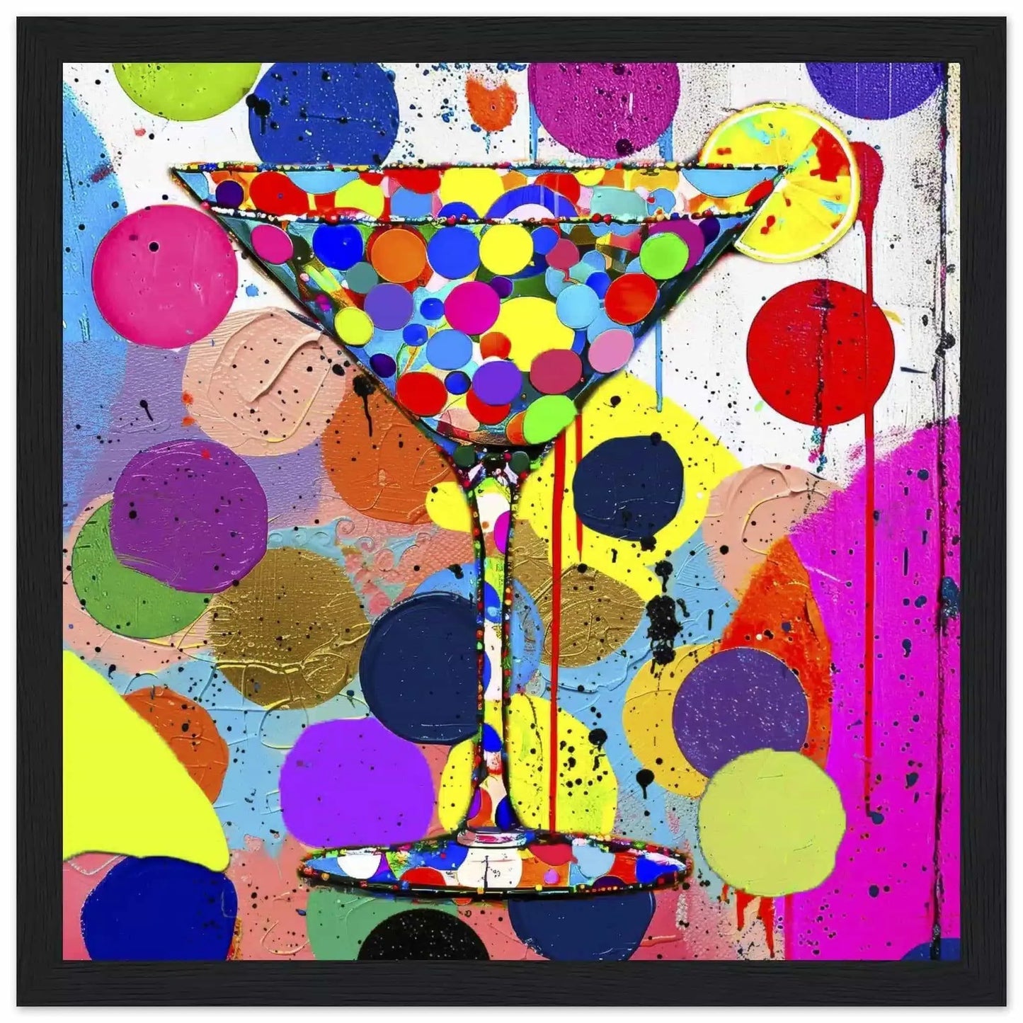 Black wooden framed art print of a multi-colored polka-dotted martini glass and colorful dots in the background. Titled: Dotted Martini Delight-Graphique Addictions.