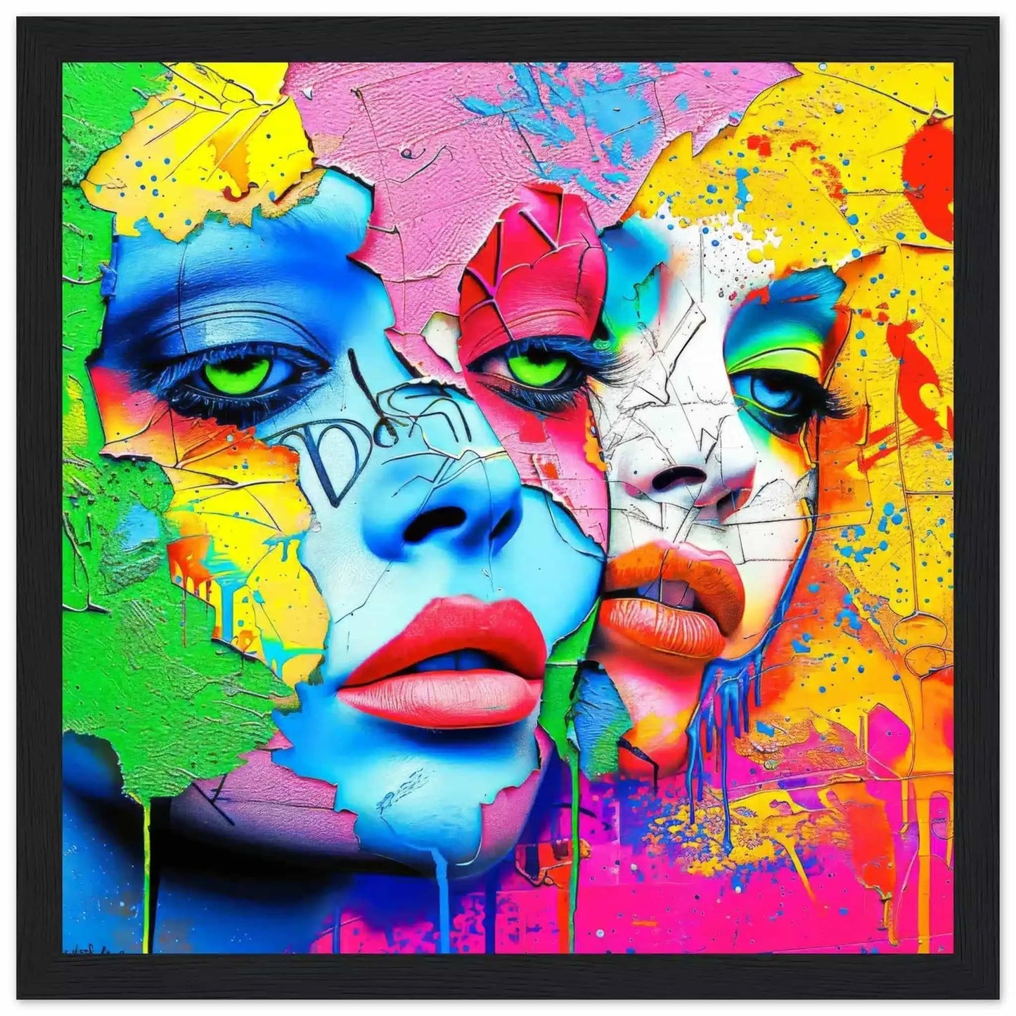 Black wooden framed art print of 2 women's multi-colored porcelain faces that blend into a colorful painted background. Titled: Dual Pop Persona-Graphique Addictions.