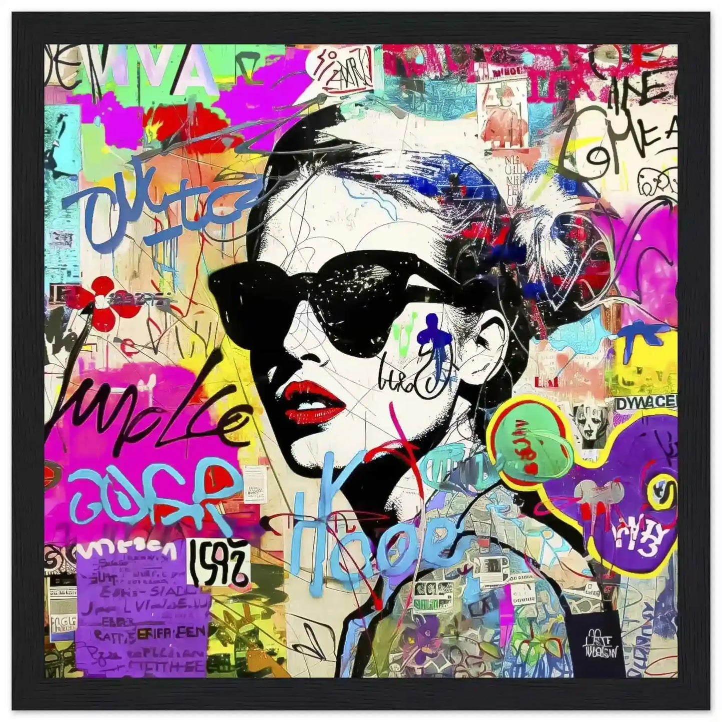Black wooden framed art of a woman wearing sunglasses with tattoes on her body and face. Surrounded by street-style stickers, labels, numbers, letters, and symbols in vibrant colors. Titled: Graffiti Chic Chronicles-Graphique Addictions.