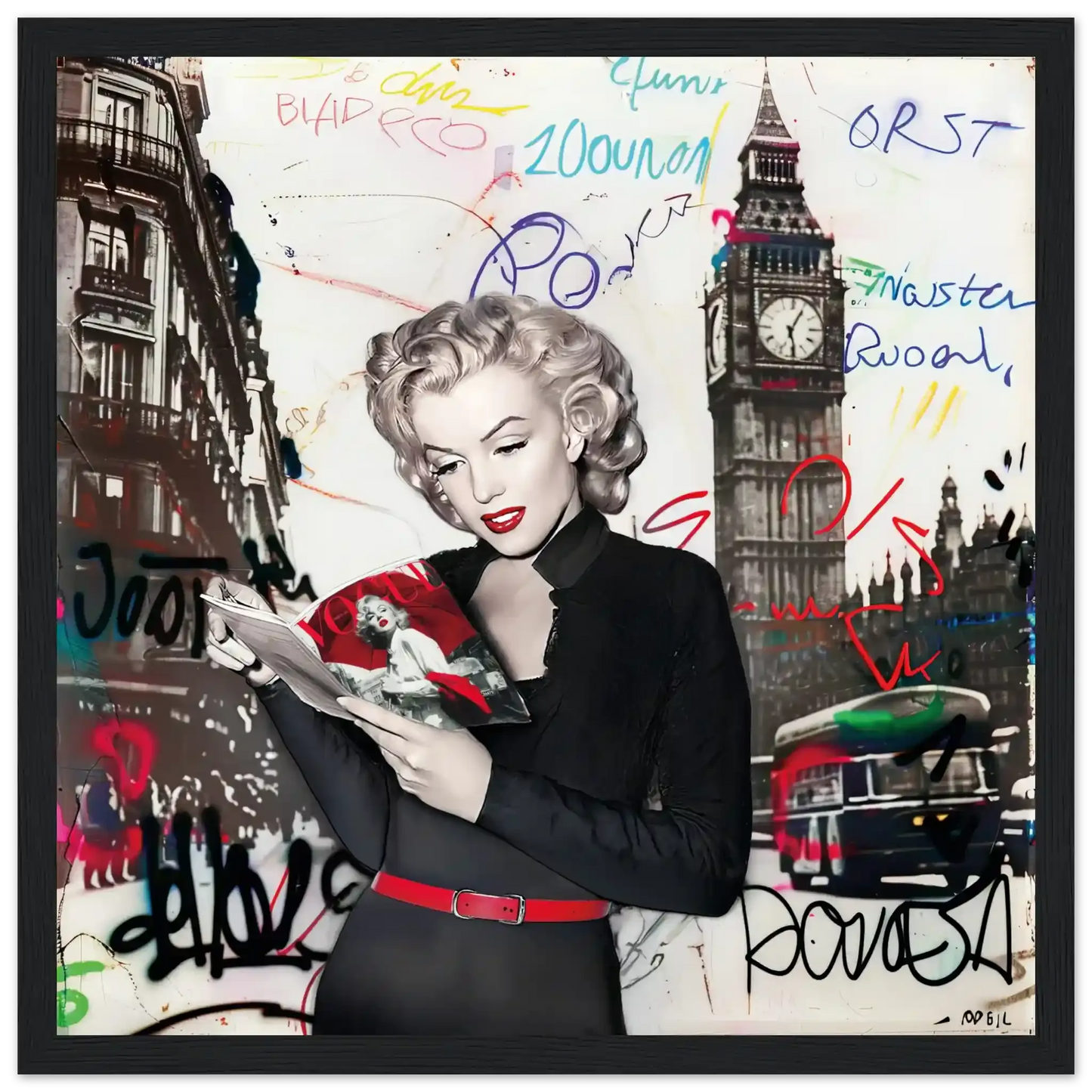 Black and white art of Marilyn Monroe in London with vibrant red lips, Big Ben behind her, and colorful graffiti.-black-12x12-inches-wooden-framed-print-marilyn-in-london, Graphique Addictions