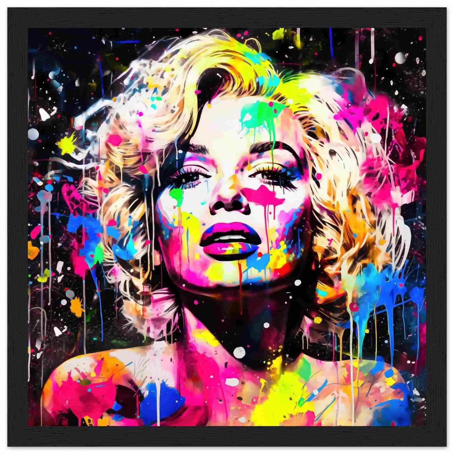 Black wooden framed print of Marilyn Monroe's face splattered with colorful paint. Marilyn's Splatter-Sensation-Graphique Addictions.