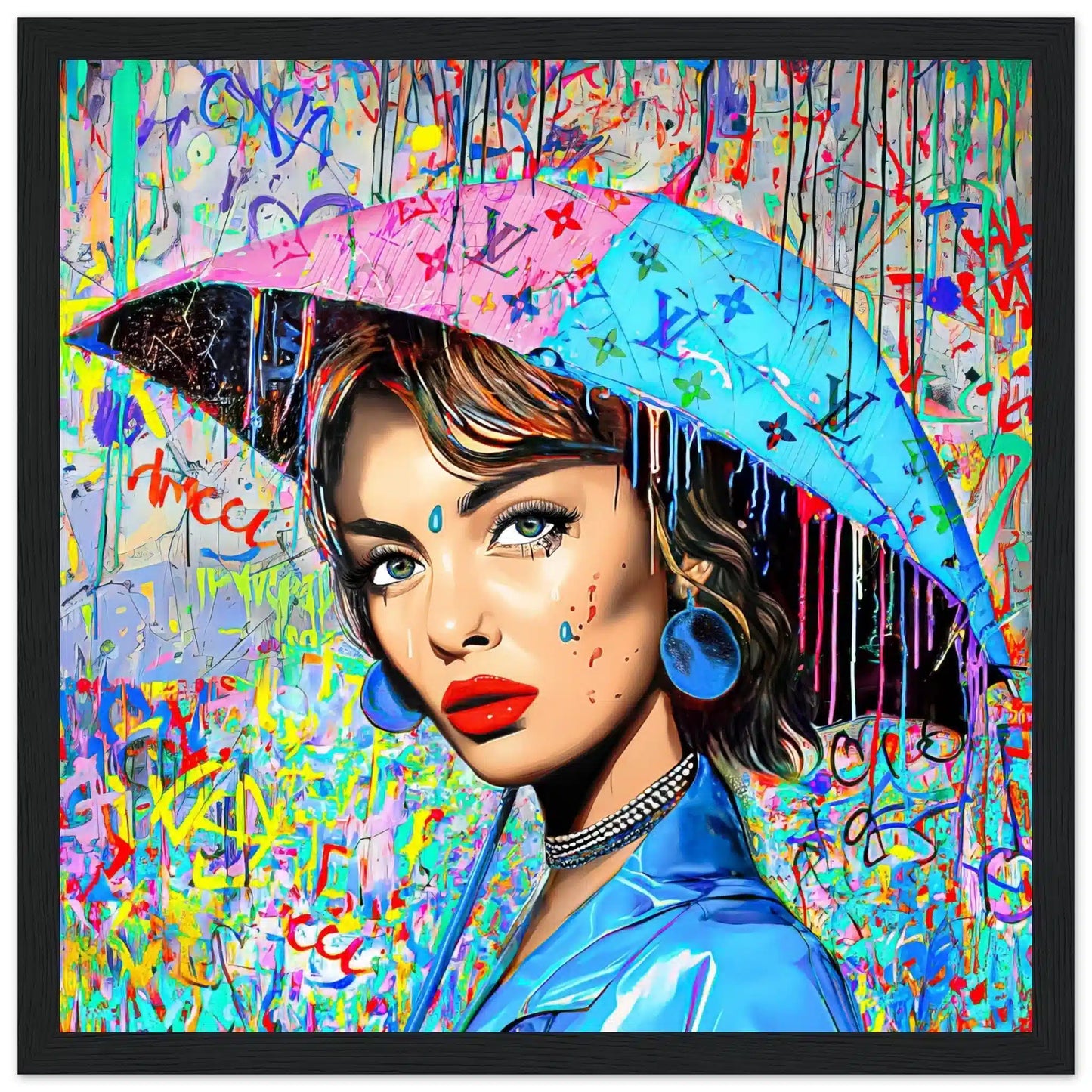 Black wooden framed print of Audrey Hepburn holding an umbrella decorated with graffiti and Louis Vuitton-inspired monogram and a backdrop with patterns of graffiti and dripping paint. Painted Rainfall-Graphique Addictions.