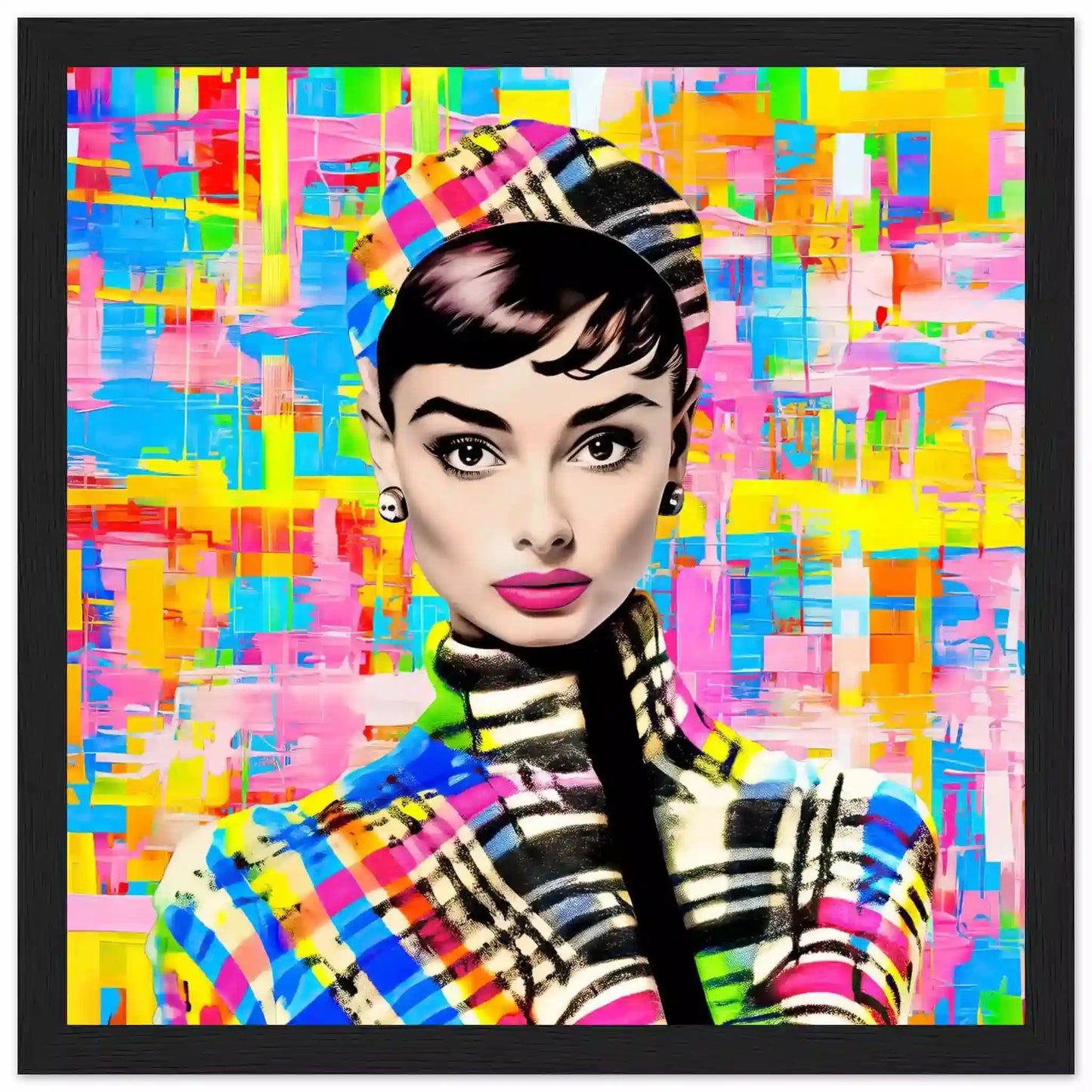 Black wooden framed print featuring Audrey Hepburn on Multicolored Plaid Background.