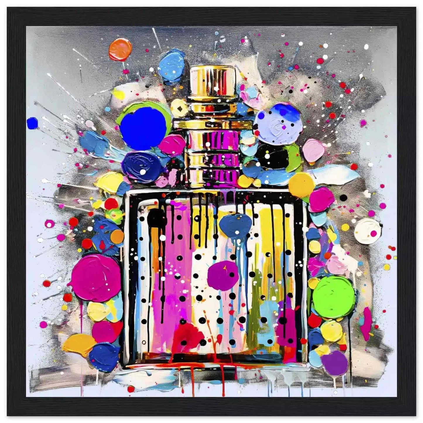 Black wooden framed print of perfume Bottle Paint Splash Pop Art - Polka Pop Aroma Canvas Print-Polka Pop Aroma-Graphique Addictions