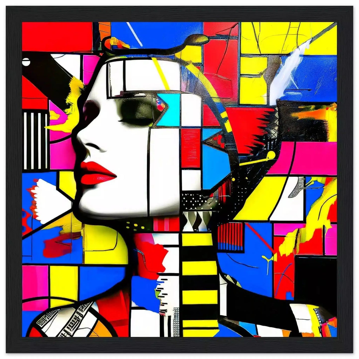 Face with bold geometric patterns in red, blue, yellow, and pink, evoking futuristic charm. Black Wooden Framed Print-Technicolor Temptress-Graphique Addictions
