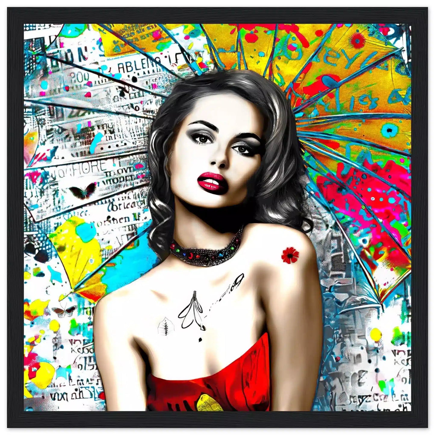Black wooden frame of woman against vibrant graffiti ink and vibrant colors. Umbrella Ink Pop-Graphique Addictions.
