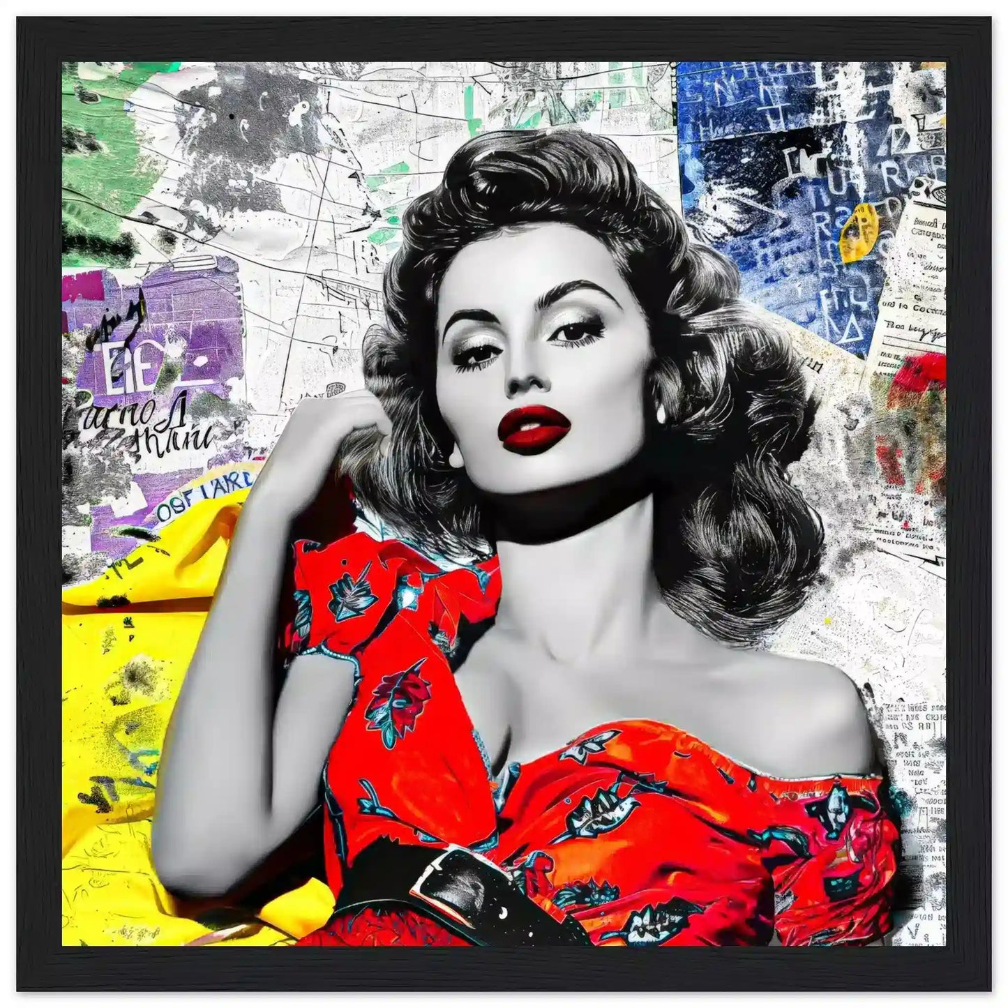 Sophia Lauren in red dress surrounded by colorful newspaper clippings and maps. Black Wooden Framed Print-Vintage Starlet - Graphique Addictions