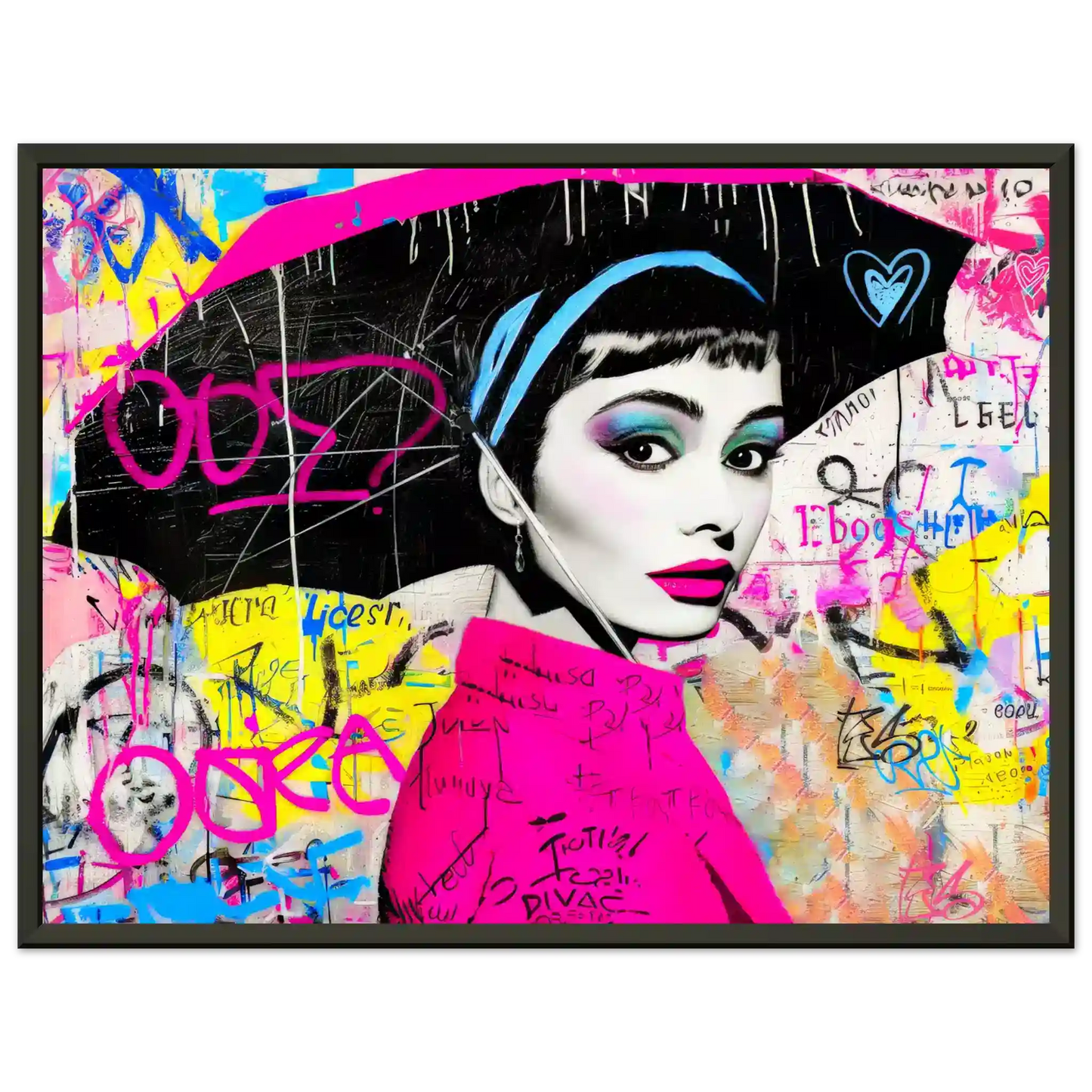 Black metal framed print of colorful graffiti pop art portrait of Audrey Hepburn holding an umbrella. Graffiti Drizzle, Graphique Addictions.