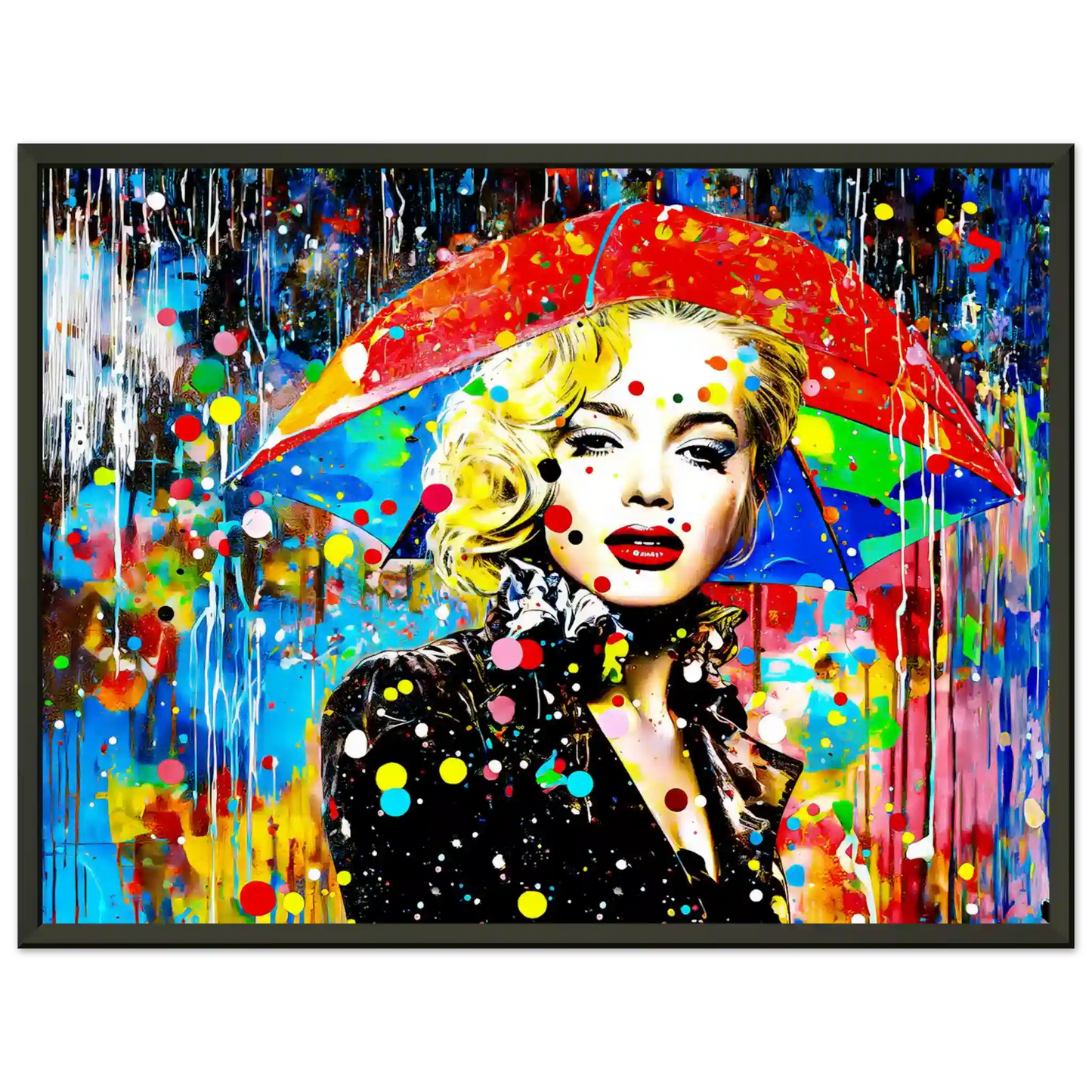 Black metal framed print of Marilyn Monroe with an umbrella and colorful painted rain drops. Splash of Elegance-Graphique Addictions.