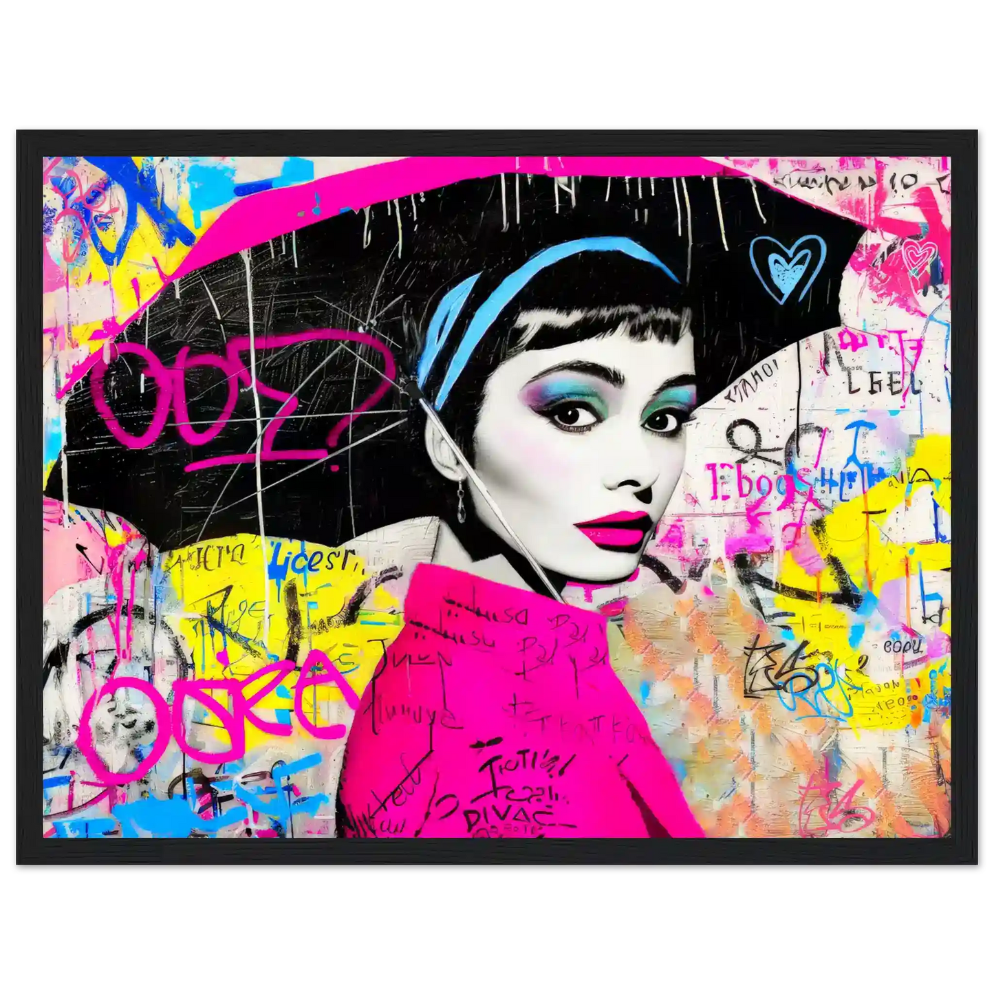 Black wooden framed print of colorful graffiti pop art portrait of Audrey Hepburn holding an umbrella. Graffiti Drizzle, Graphique Addictions.