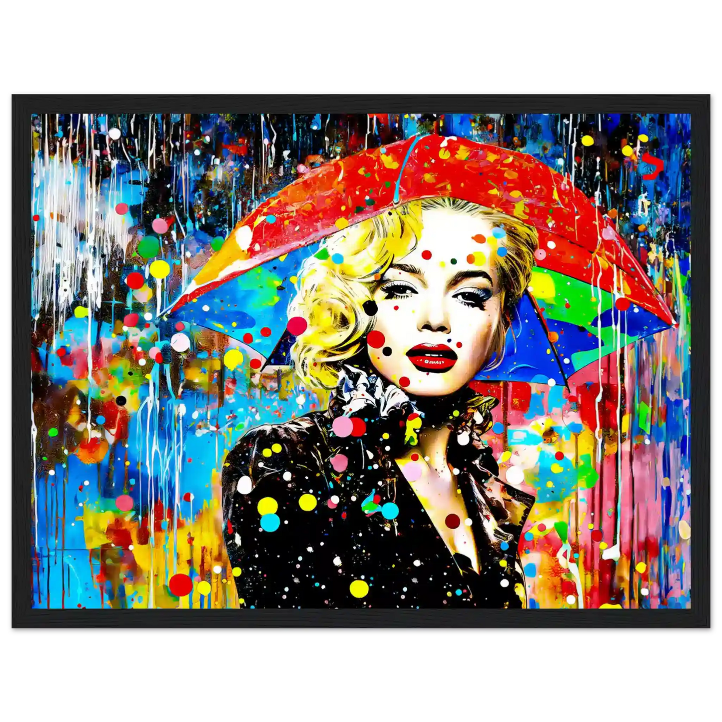 Black wooden framed print of Marilyn Monroe with an umbrella and colorful painted rain drops. Splash of Elegance-Graphique Addictions.