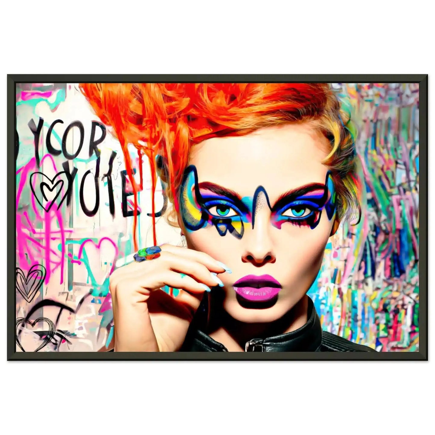 Woman with orange-red hair, blue eyes, and vibrant geometric eyeshadow against a colorful graffiti backdrop black metal framed artwork titled: Colorburst Diva-Graphique Addictions.