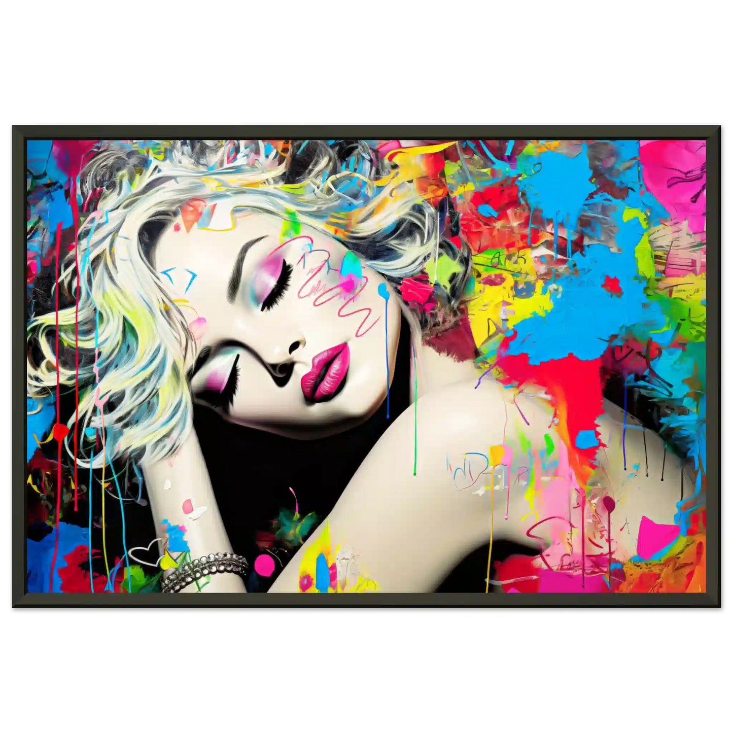 Blonde woman with colorful makeup, tattoos, and graffiti against a backdrop of colorful splashes. Black metal framed artwork titled: Colorful Captivation-Graphique Addictions.