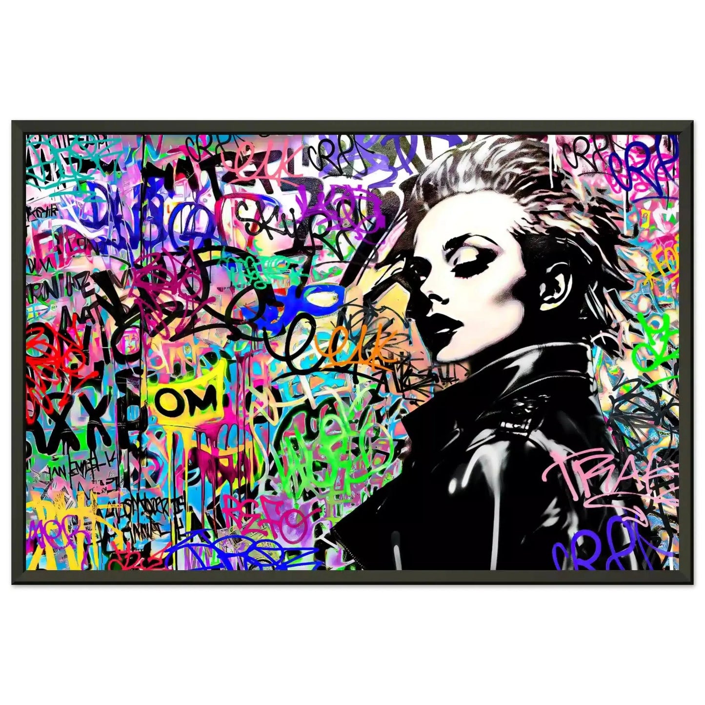 Black metal framed print of Madonna wearing a black leather jacket against a backdrop of colorful graffiti and lettering. Chromatic Chaos-Graphique Addictions.