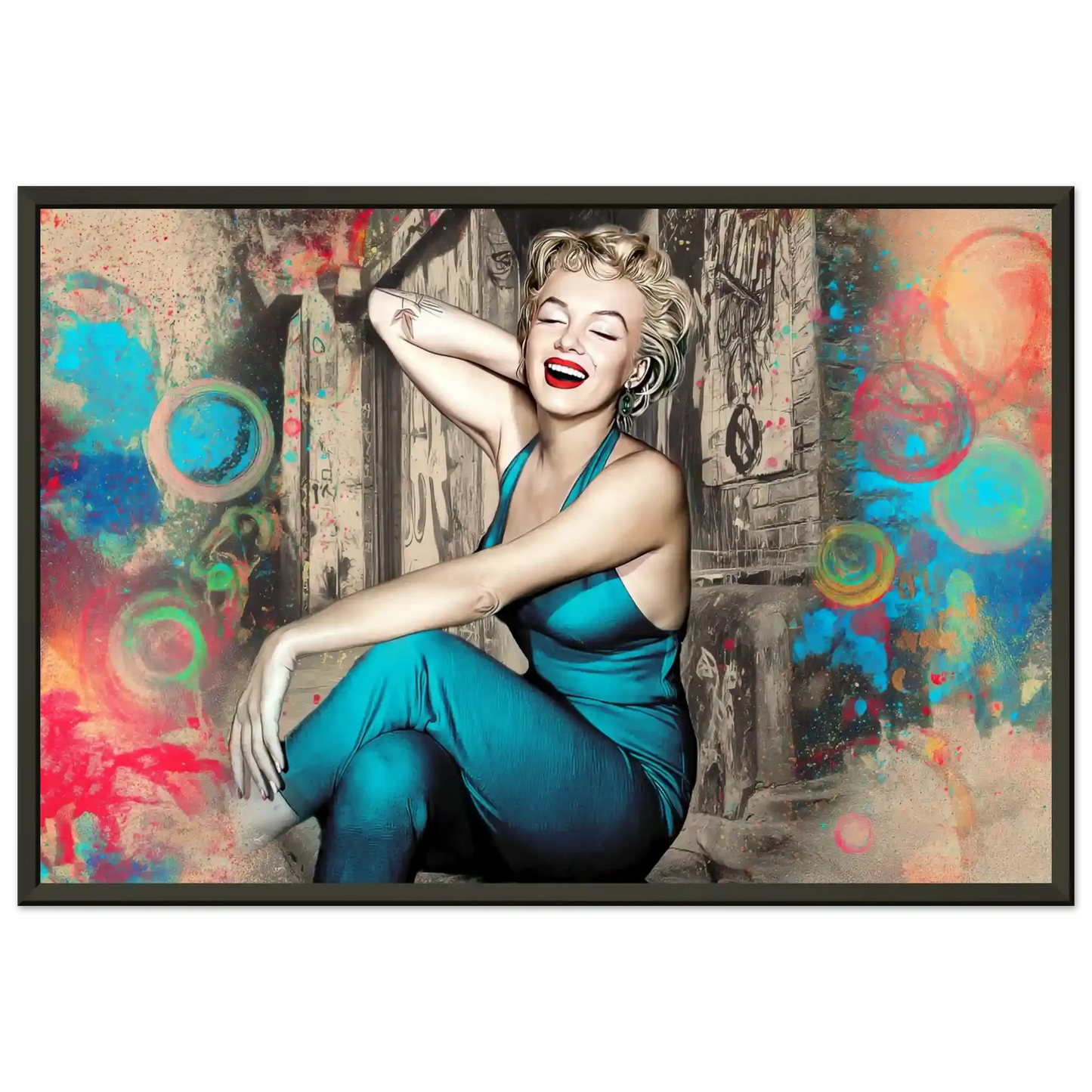 Marilyn Monroe in a teal bodysuit, smiling against an old wooden door in New York City with a colorful swirl and bubble background-black-12x18-inches-metal-framed-Graphique Addictions.