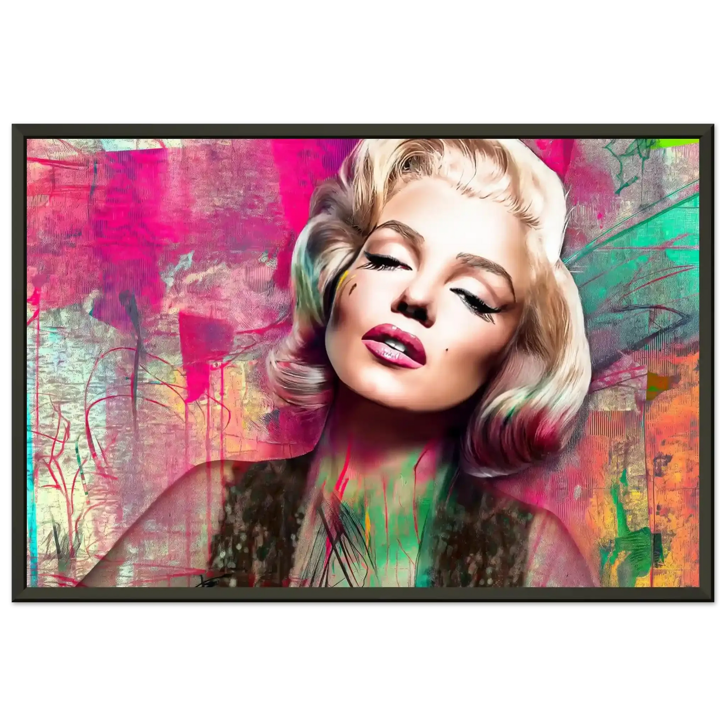 Abstract portrait of Marilyn Monroe with pink lips and lime green graffiti-style background-black-12x18-inches-metal-framed-print-marilyns-candy-lime-collage-framed-print, Graphique Addictions
