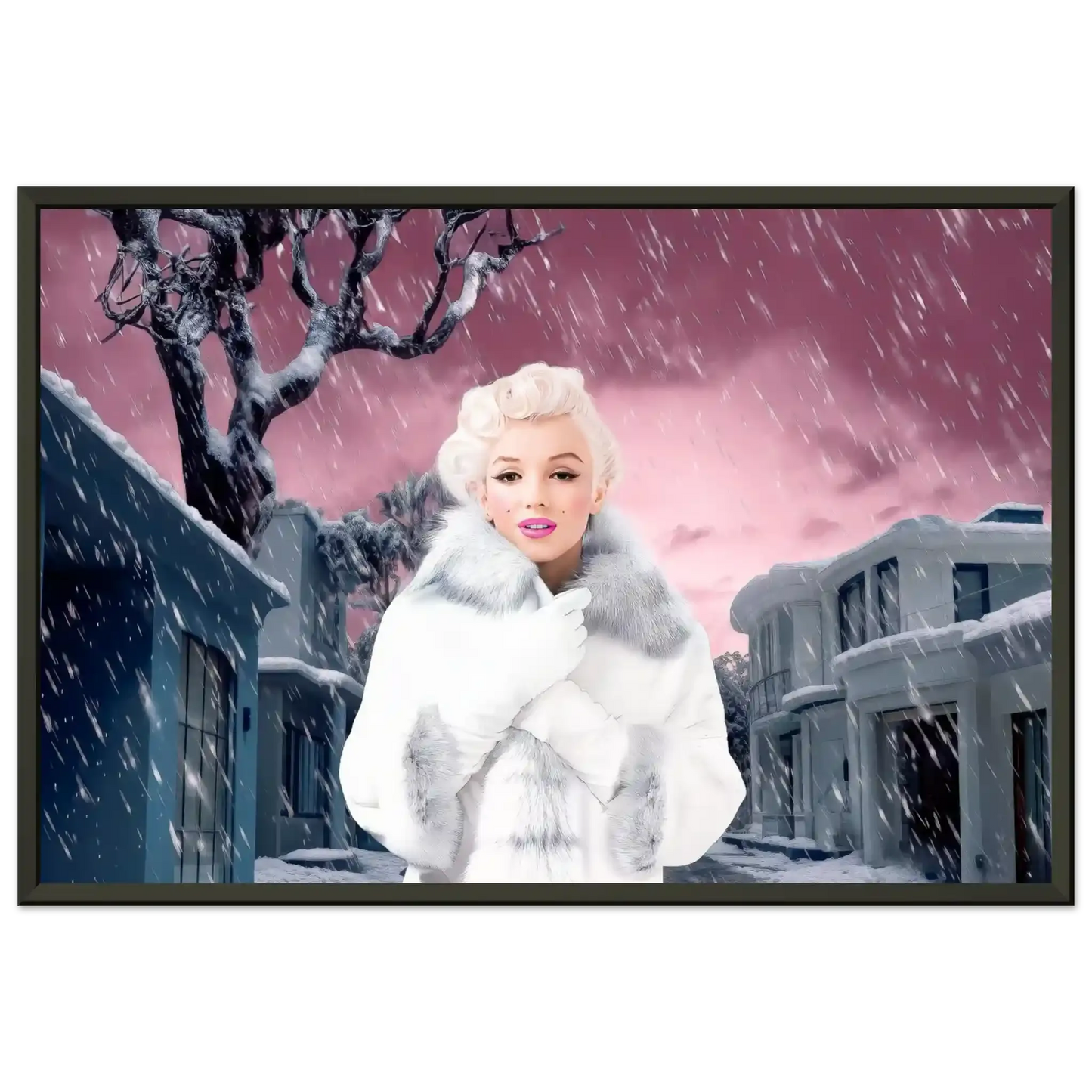marilyn monroe wearing a white fur coat and gloves, standing under a snowy sky with a pink hue, surrounded by gray houses-black-12x18-inches-metal-framed-print-pink-snowstorm-24, Graphique Addictions