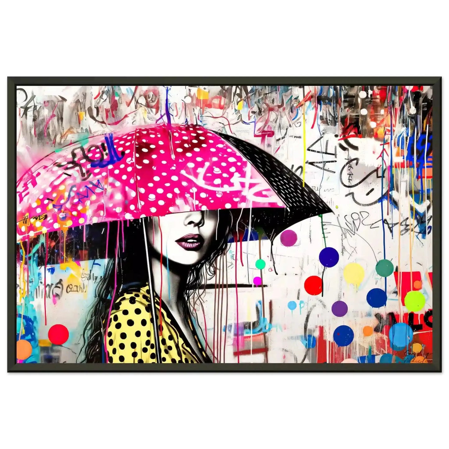 black metal frame print of woman holding a pink umbrella with white polka dots and colorful paint splashes. Street Art Storm-Graphique Addictions.