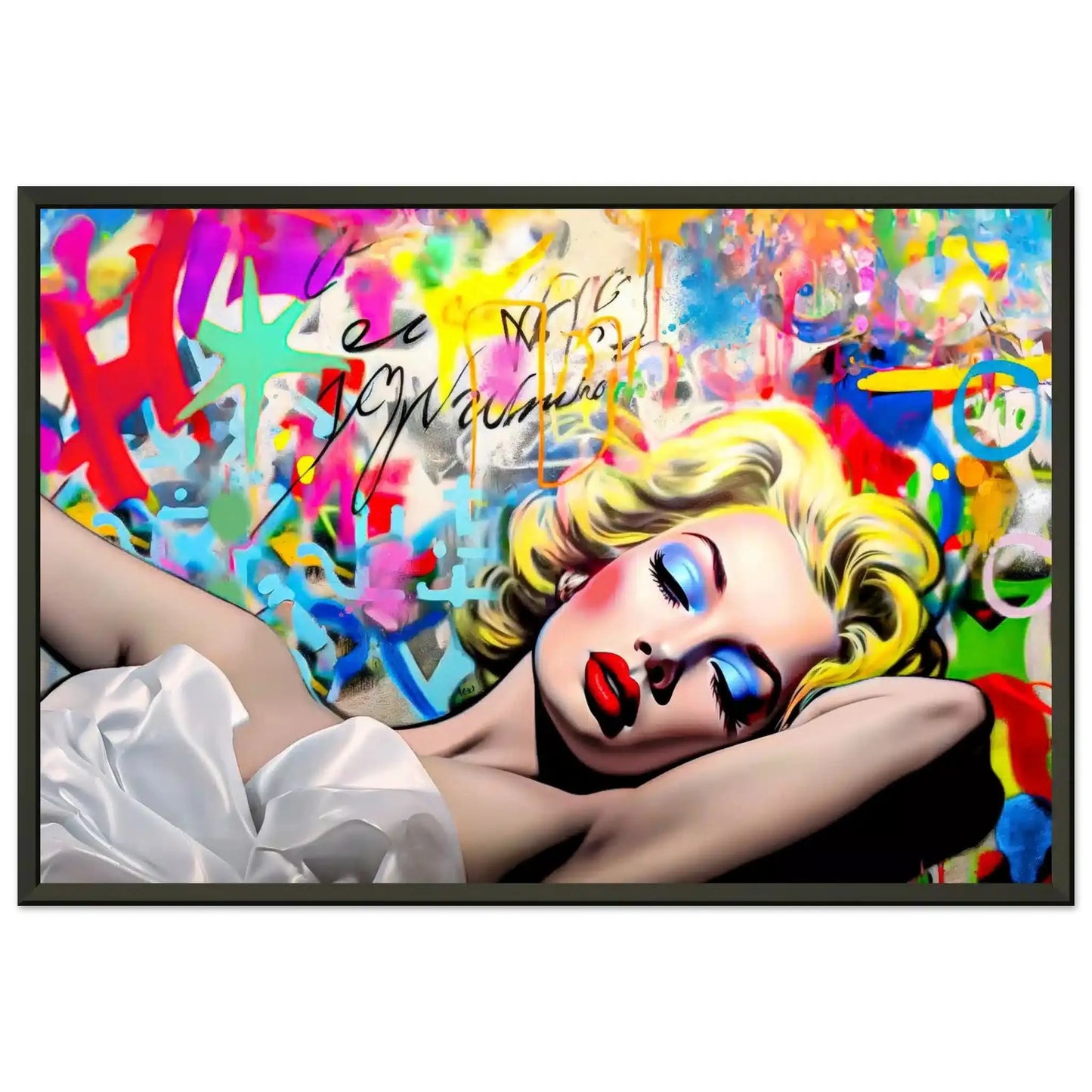 Blonde woman in a white dress lying down, with blue eyeshadow and red lipstick, against a vibrant graffiti wall. Black Metal Framed Print-Street Style Serenade-Graphique Addictions