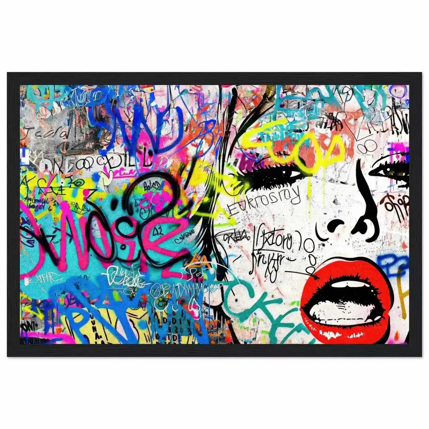 Chic Femme Graffiti Gaze: Pop art portrait of a woman against colorful graffiti, bold brush strokes, and ink splashes in a black wooden frame-Graphique Addictions.