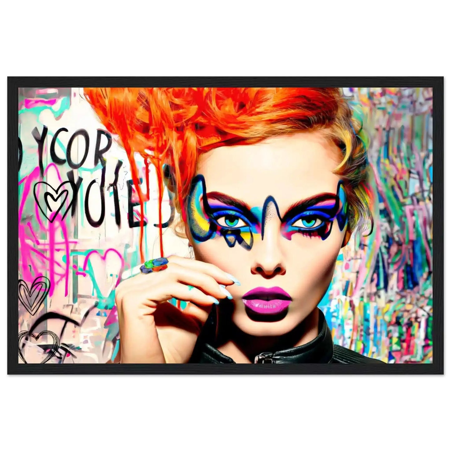 Woman with orange-red hair, blue eyes, and vibrant geometric eyeshadow against a colorful graffiti backdrop black wooden framed artwork titled: Colorburst Diva-Graphique Addictions.