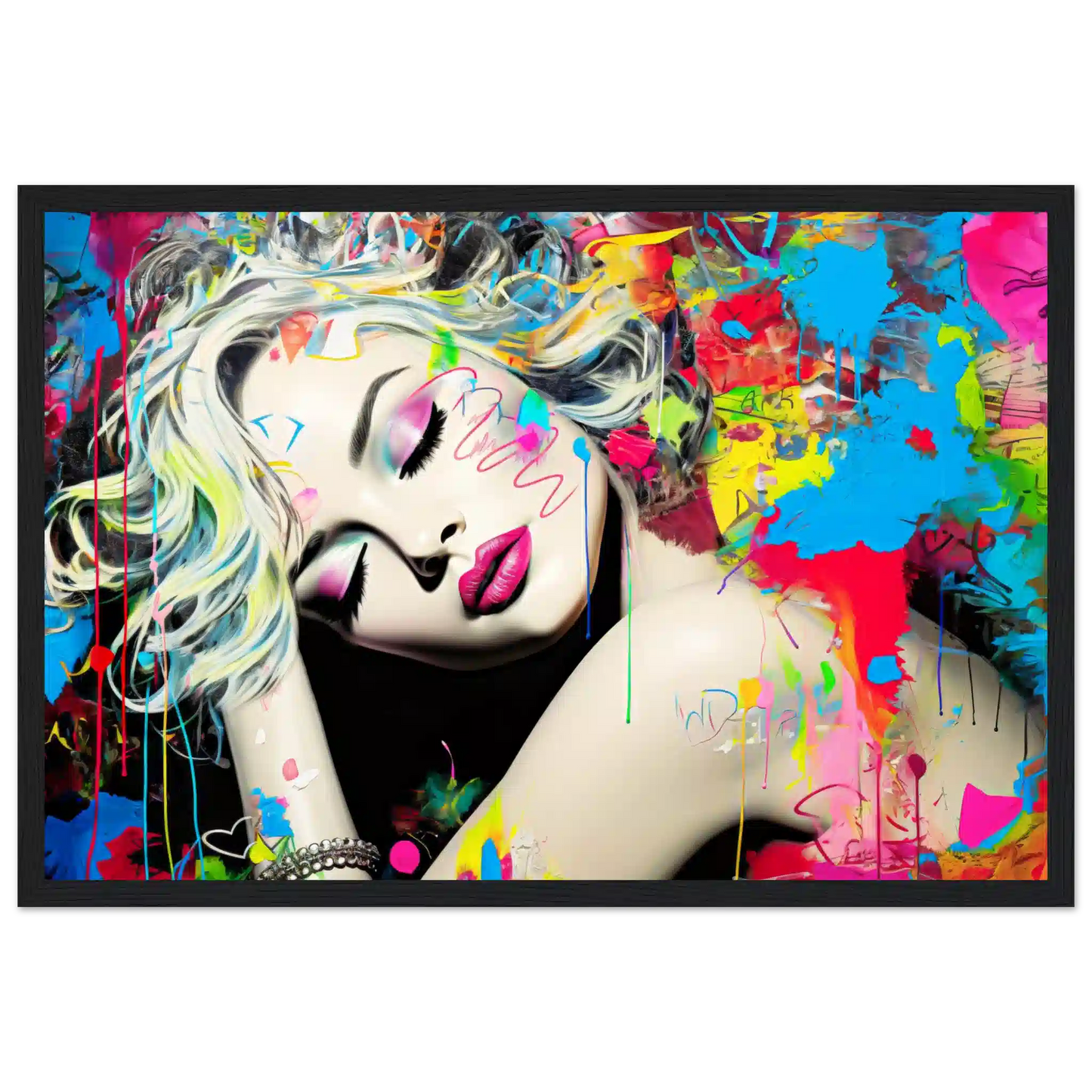 Blonde woman with colorful makeup, tattoos, and graffiti against a backdrop of colorful splashes. Black wooden framed artwork titled: Colorful Captivation-Graphique Addictions.