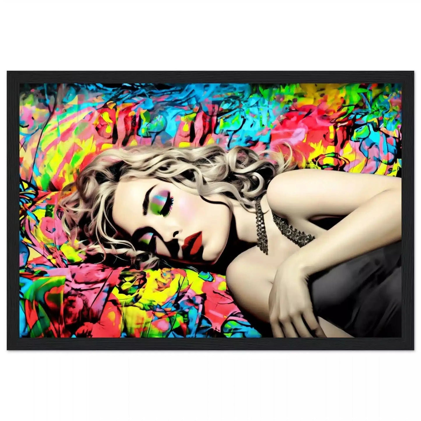 Black wooden framed print of Madonna lying down with her eyes closed in a black dress, set against a vibrant backdrop of blue, red, and yellow graffiti. Title: Graffiti Lullaby-Graphique Addictions.